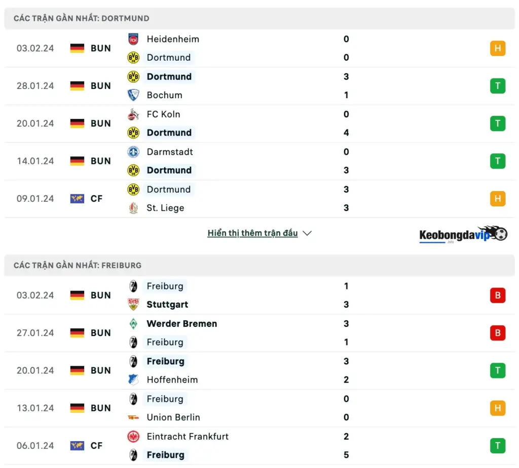 Phong độ thi đấu của hai đội Dortmund và Freiburg